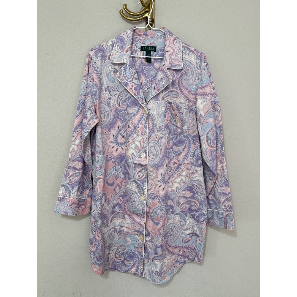 Lauren Ralph Lauren Sleep Shirt Women Large Purple Pink Paisley Cotton Nightgown